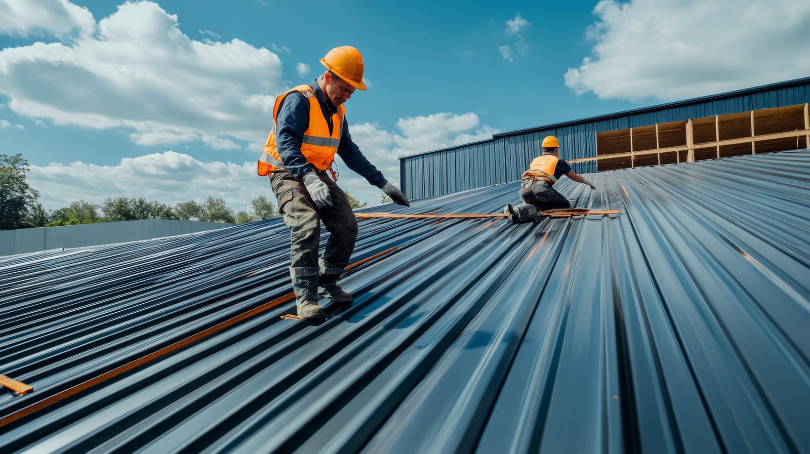 Two Construction Workers Installing Metal Roofing On A Building