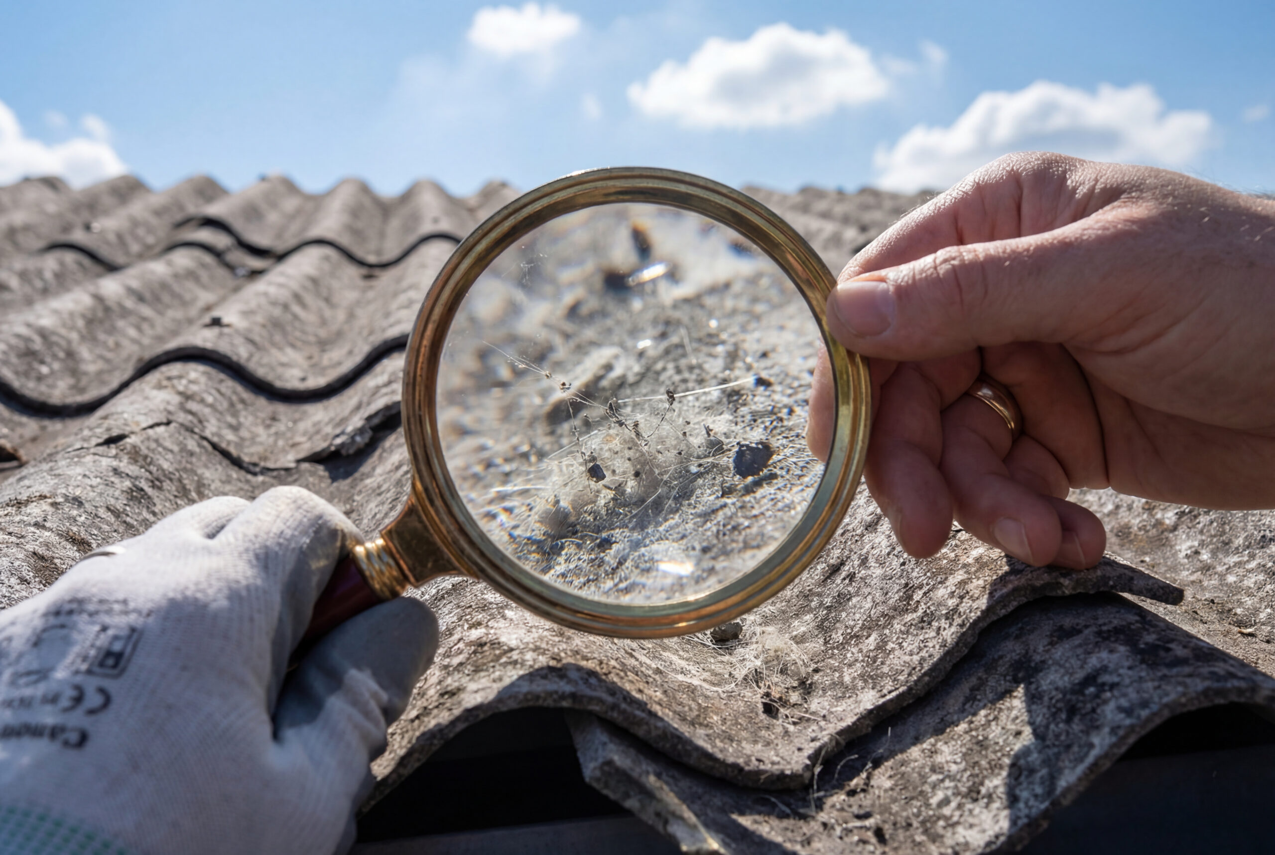 Hand with magnifying glass inspecting a crack in an old asbestos roof
